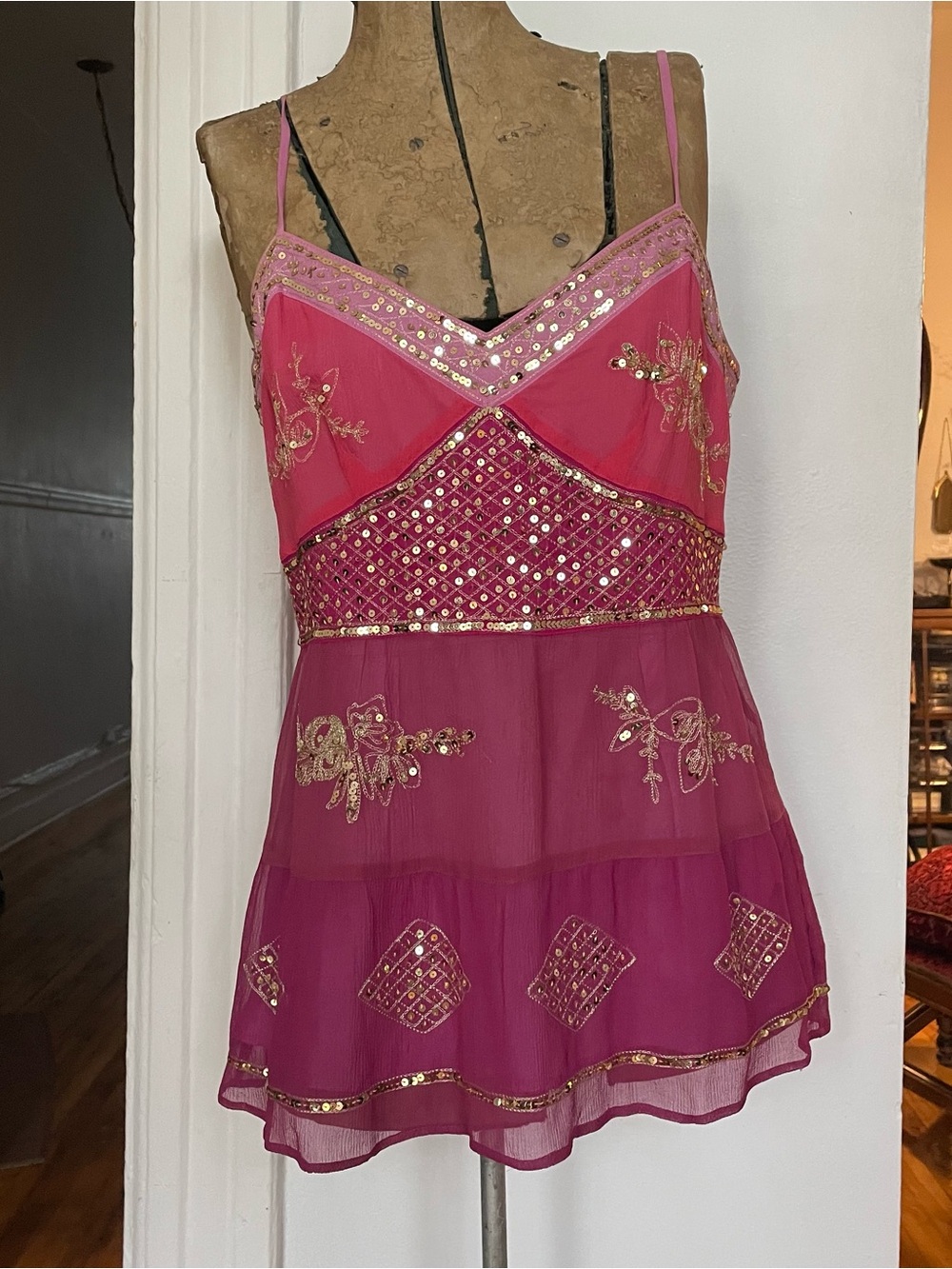 100% SILK Embellished Spaghetti-Strap top